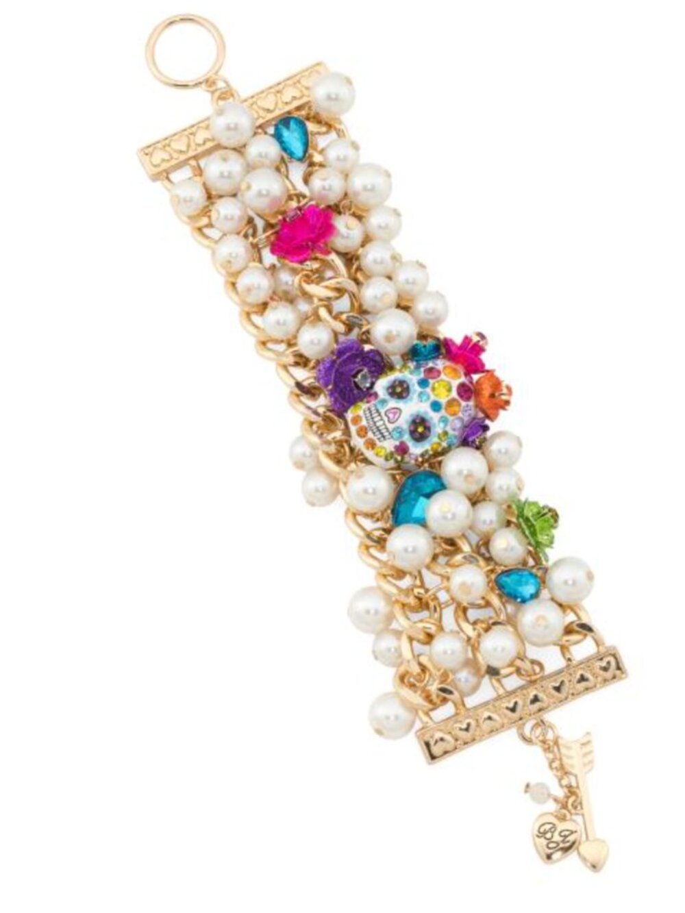 NWT Betsey Johnson Gold Tone Pearl Sugar Skull / Day Of The Dead Toggle Bracelet